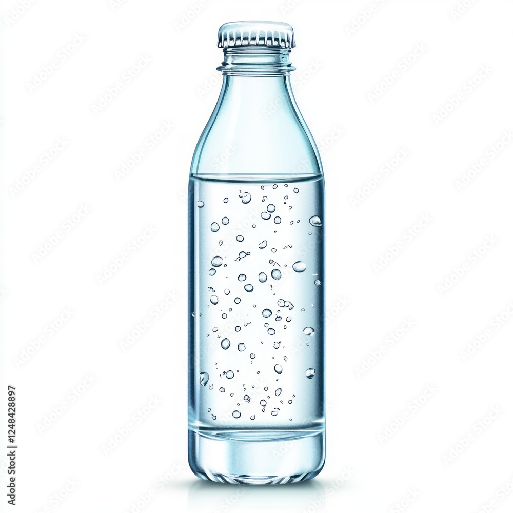 Poster bottle of water with bubbles floating inside on a white background