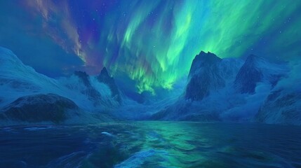Fototapeta premium Aurora Borealis Illuminates Snowy Mountains and Calm Waters