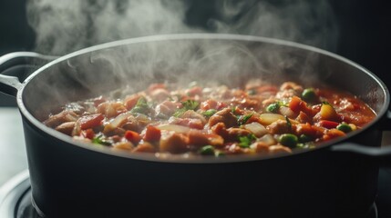 A close-up of a hot and spicy stew in a pot with steam escaping from the lid, showcasing the hearty and flavorful nature of the dish and the warmth it provides.
