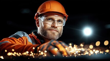skilled worker in safety gear focuses intently on metalworking tasks, creating sparks in a dimly lit workshop during nighttime. atmosphere emphasizes craftsmanship and dedication