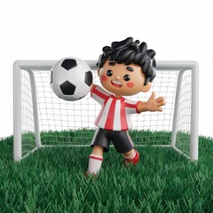 a happy, cartoon-style young boy in a red and white soccer uniform prepares to kick a soccer ball towards the goal. The backdrop is a lush green field with a soccer goal.