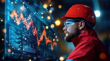 In a contemporary industrial environment, a focused engineer in a red helmet examines fluctuating data on a digital display, illuminated by ambient lighting, highlighting his concentration