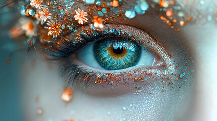 Beautiful close-up of a woman's eye decorated with colorful glitter and floral accents. Generative AI