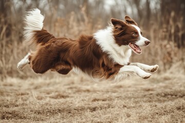 Happy dog leaping joyfully through autumn leaves outside
