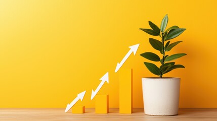 Growth Concept with Plant and Rising Arrows on Bright Yellow Background