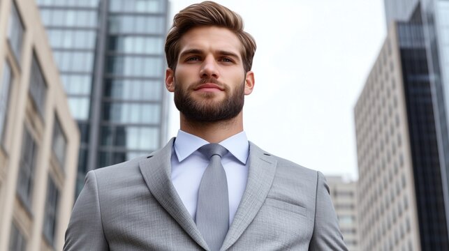 businessman dressed in a light gray suit and tie stands tall amidst tall skyscrapers, conveying confidence and professionalism against a cloudy sky