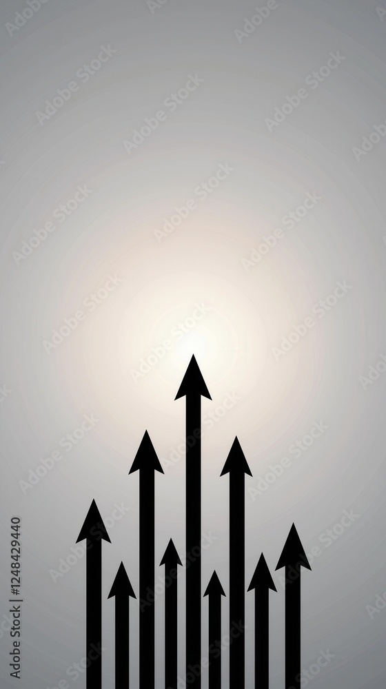 Poster a minimalistic design featuring multiple black arrows pointing upwards against a soft, glowing backg