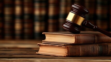 gavel is positioned atop stacked legal books, symbolizing justice and the legal profession, set against a backdrop of law books in a courtroom environment