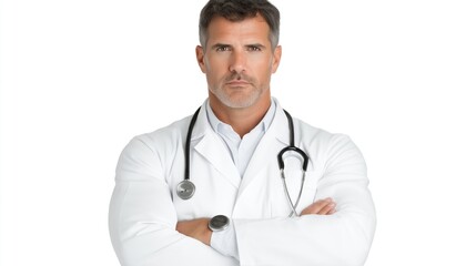 Fototapeta premium doctor stands with arms crossed, exuding confidence and professionalism. He is dressed in a white coat and wearing a stethoscope, ready to provide care and guidance in a healthcare environment