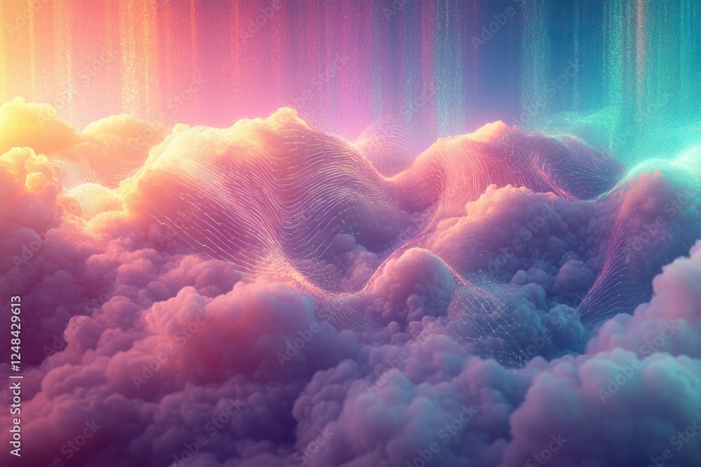 Aufkleber abstract cloudscape with glowing network lines, depicting digital landscape or cloud computing.
