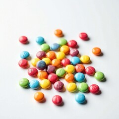 Pile of small glossy candy coated chocolates in red, orange, yellow, green, blue, and purple colors, scattered on a white background