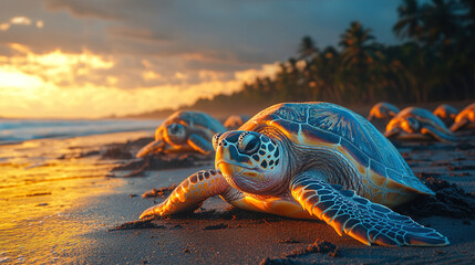 Sea turtles emerge from the waves at sunset on a beach in a tropical paradise. Generative AI