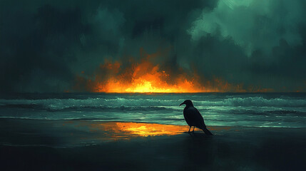 Dramatic sunset with flames on the horizon beside a solitary bird on the shore. Generative AI