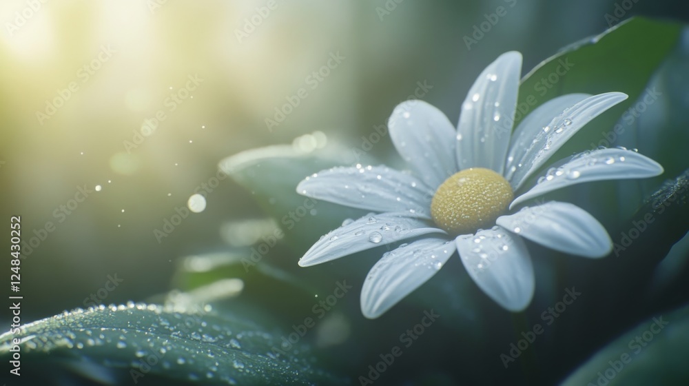 Poster a close-up of a white daisy with dew drops resting on its petals, with soft light filtering through 