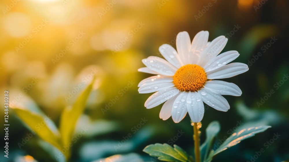 Poster A close-up of a white daisy with dew drops resting on its petals, with soft light filtering through the background leaves.
