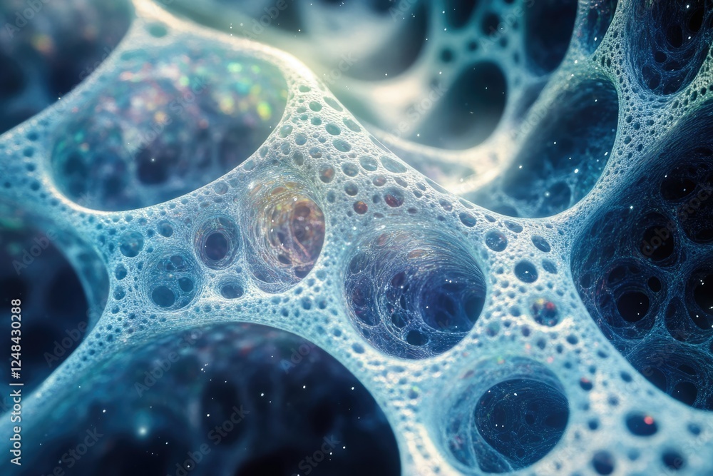 Poster abstract fractal art depicting a complex, interconnected network of bubbles and voids, resembling a 