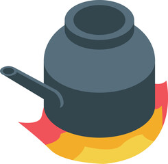 Metal kettle boiling on fire, preparing hot beverage or meal, isometric view