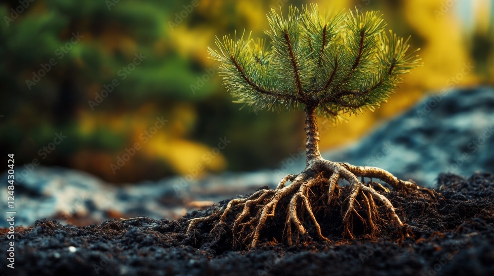 Poster a close-up of a young tree's roots taking hold in the earth, highlighting its stability and connecti