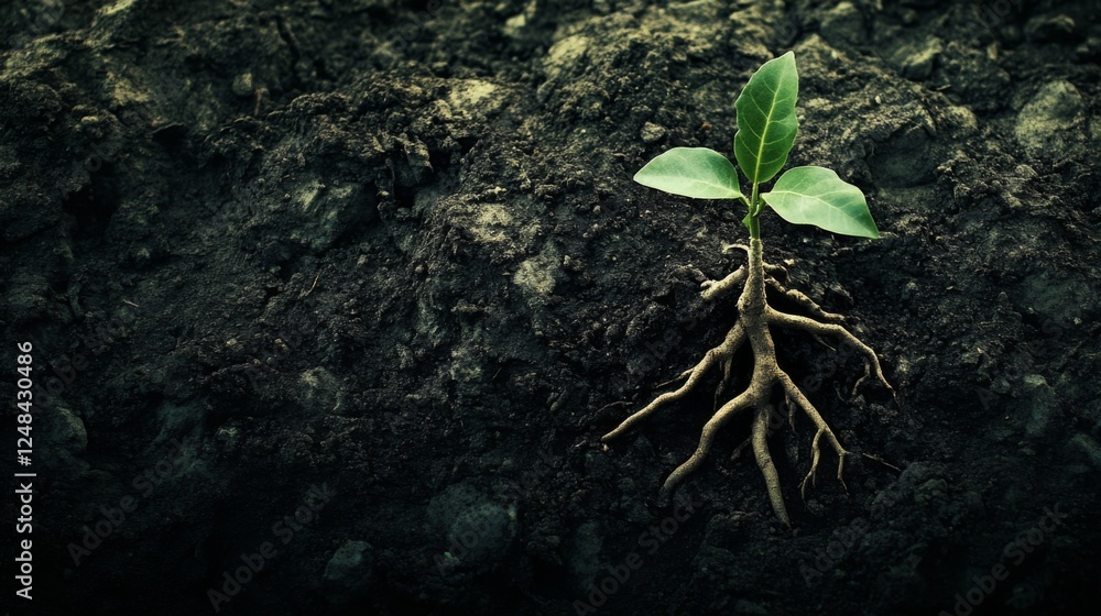 Poster a close-up of a young tree's roots taking hold in the earth, highlighting its stability and connecti