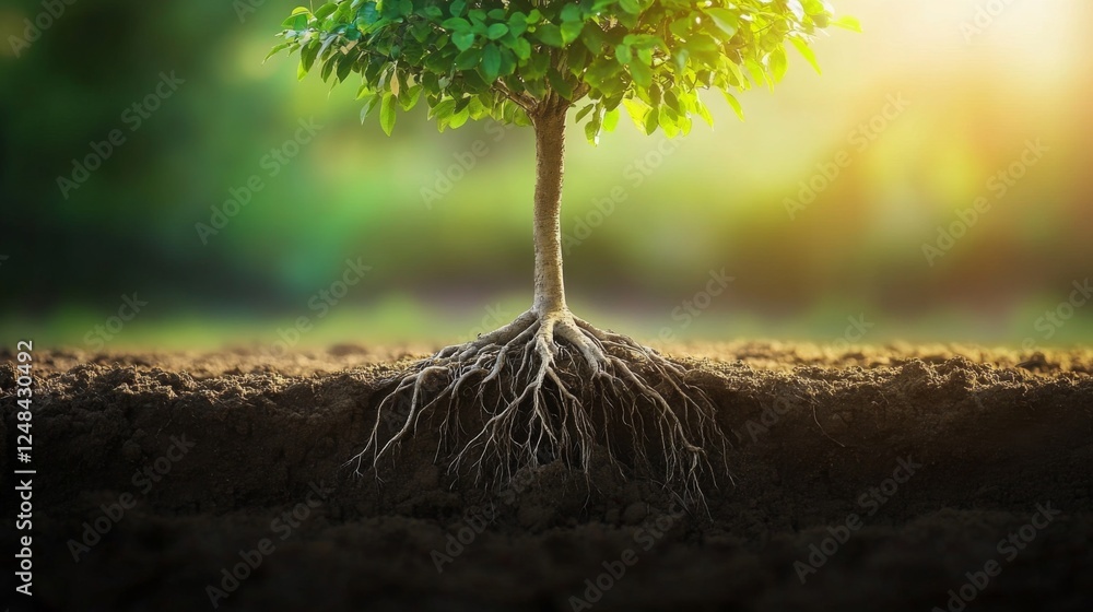 Poster a close-up of a young tree's roots taking hold in the earth, highlighting its stability and connecti