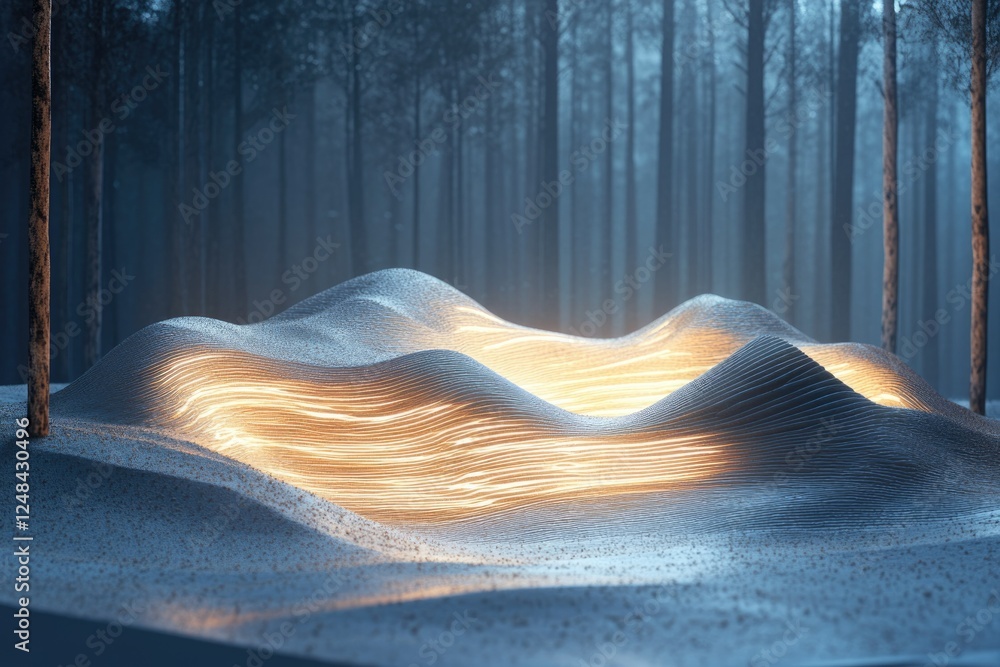 Poster glowing lines illuminate a snow-covered landscape in a dark forest, creating a surreal and mystical 