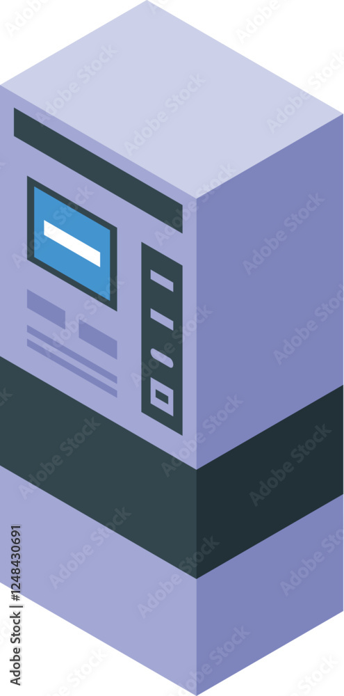 Poster isometric view of a modern atm machine, offering convenient and secure access to financial services