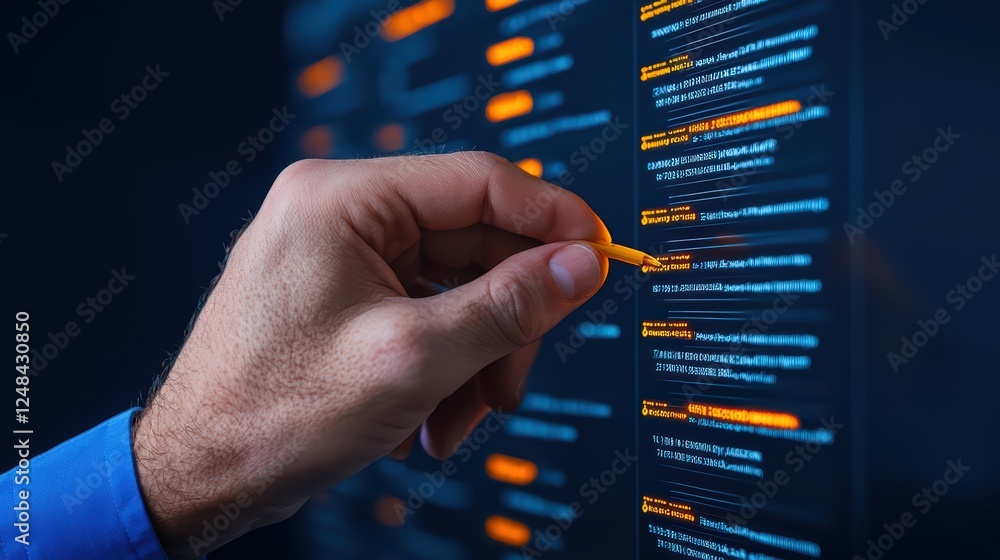 Poster hand interacting with digital data display on a dark background