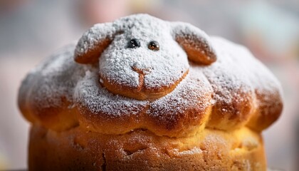 Fototapeta premium A macro shot of a delicate Easter lamb cake, dusted with powdered sugar. The soft focus enhances its festive charm and highlights the smooth, sugary texture, evoking a sense of celebration. 