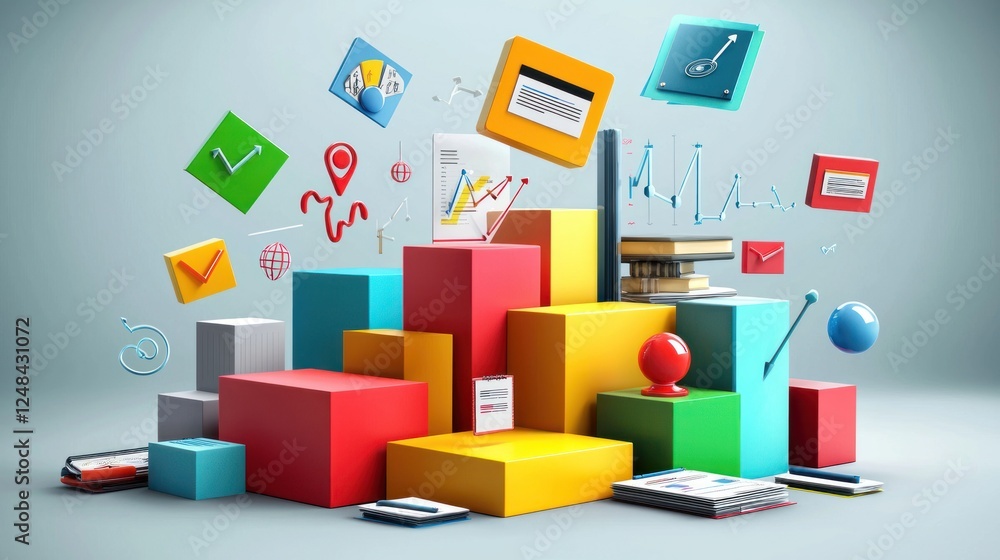 Poster abstract colorful business data visualization: a 3d rendering of vibrant cubes, charts, and icons re