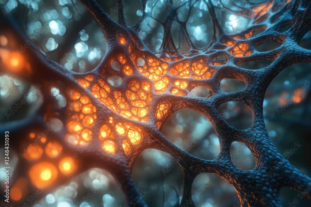 Poster intricate network of glowing orange filaments resembling neurons or a complex biological structure.