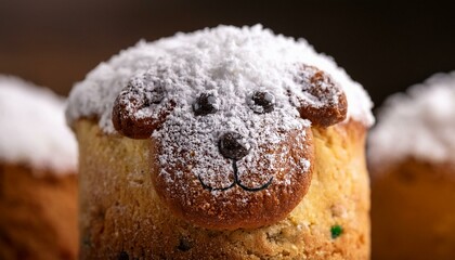 A macro shot of a delicate Easter lamb cake, dusted with powdered sugar. The soft focus enhances its festive charm and highlights the smooth, sugary texture, evoking a sense of celebration.

