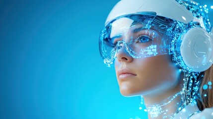 woman is immersed in a virtual reality experience, wearing a sleek headset with digital elements illuminating her face. She appears focused and engaged in an advanced technology demonstration