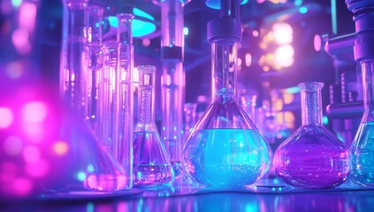 Illuminated laboratory glassware with colorful liquids.