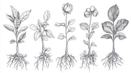 Botanical Illustrations: A Collection of Five Detailed Plant Drawings