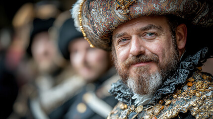 Historical figure in elaborate costume showcases craftsmanship at medieval fair in autumn sunlight. Generative AI