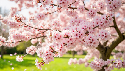Naklejka premium Cherry blossom tree in full bloom during spring morning, seasonal beauty