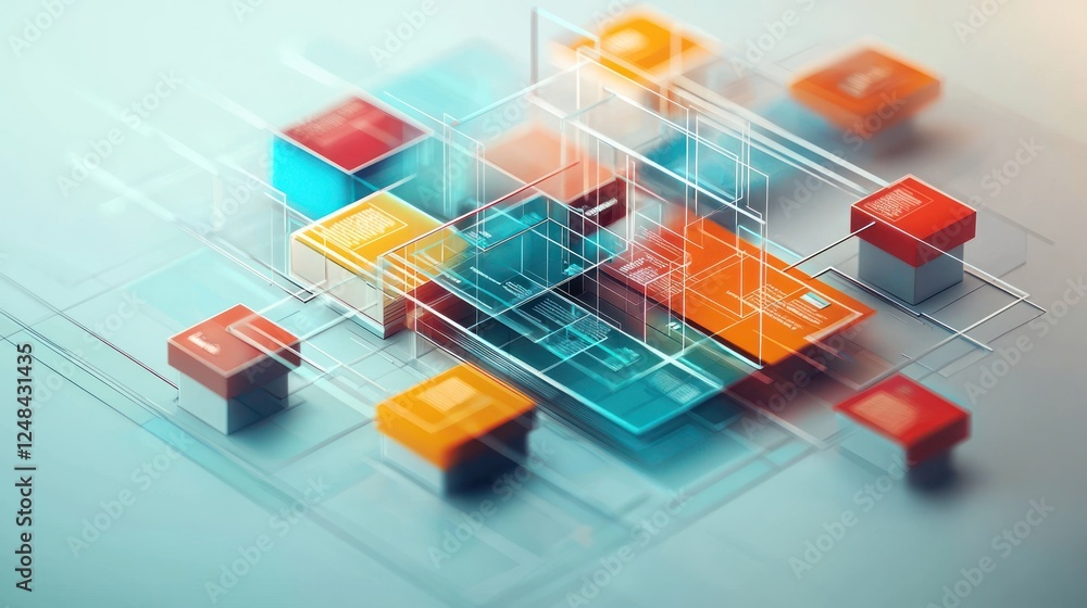 Poster abstract digital network: interconnected colorful cubes and transparent panels