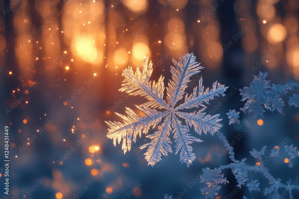 Poster intricate snowflake with detailed crystalline structure, glowing against a bokeh background of warm 