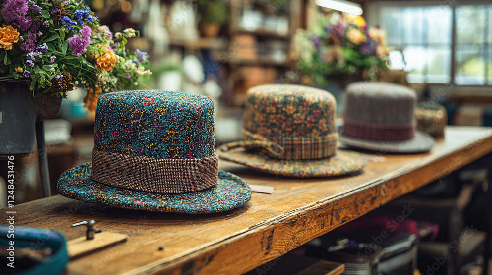 Poster Colorful handcrafted hats displayed on a rustic table in a charming workshop filled with flowers and natural light. Generative AI