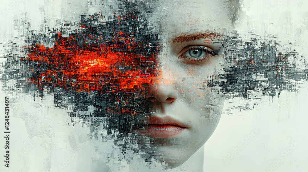 Poster artistic depiction of blended human features with digital abstract elements representing emotion and