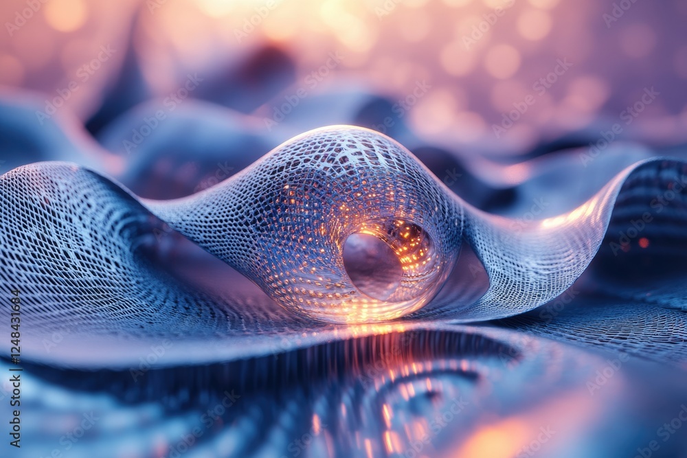 Poster abstract 3d render of a glowing orb nestled within a flowing, textured, metallic net.