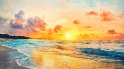 Watercolor Sunset Seascape Painting with Vibrant Colors and Soft Clouds