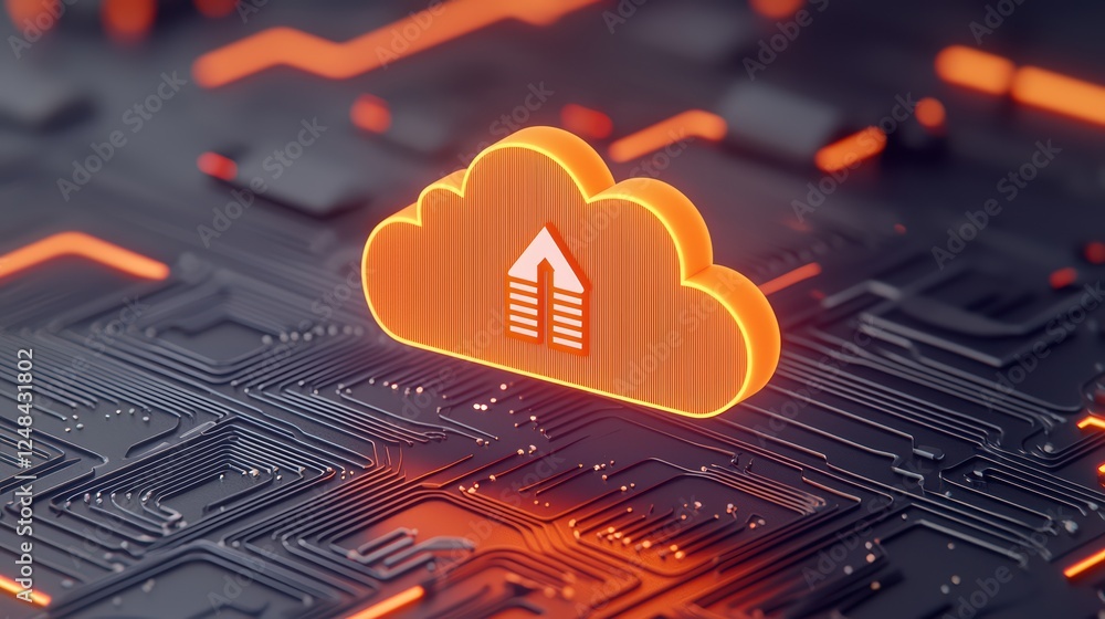 Poster orange cloud icon with upload symbol on circuit board background