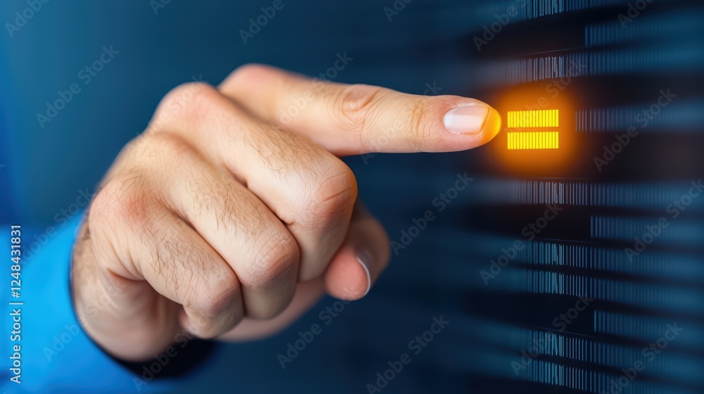 Poster hand touching illuminated digital button on technology interface