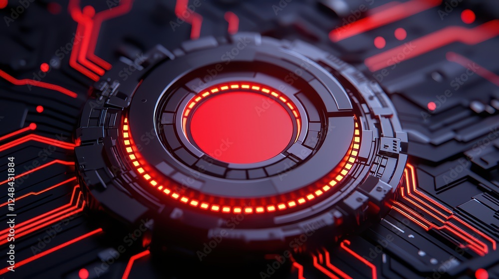 Poster futuristic circuit board with glowing red design and technology elements