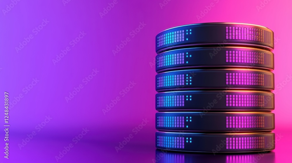 Poster colorful data server stacks with neon lights and gradient background