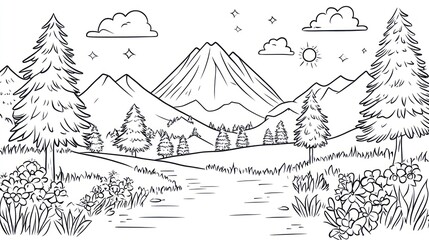 Mountain valley stream, sun, flowers, trees, coloring page