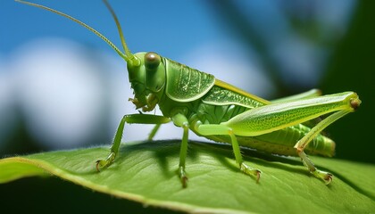 A macro shot of a tiny green grasshopper camouflaged on a leaf, highlighting its textured body and intricate details. The vibrant green hue blends seamlessly with the leaf