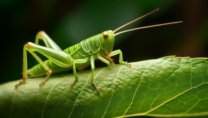 A macro shot of a tiny green grasshopper camouflaged on a leaf, highlighting its textured body and intricate details. The vibrant green hue blends seamlessly with the leaf