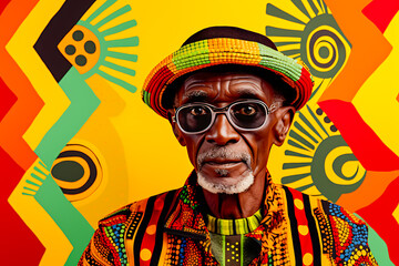Abstract colorful yellow background with old african-american man. Contemporary art collage. Black history month juneteenth background